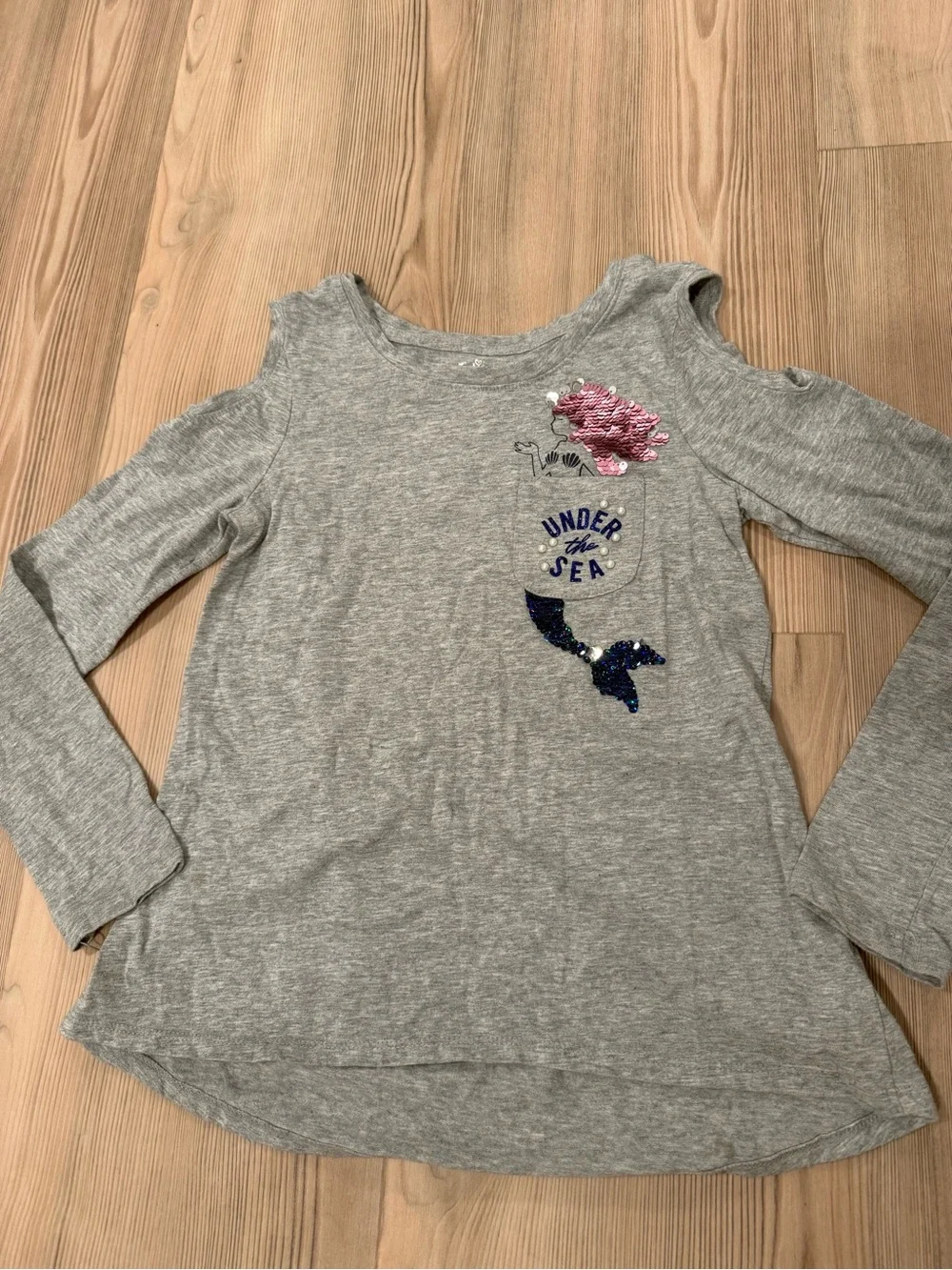 Justice Gray Long Sleeve Tee with Pink and Navy Sequin Mermaids